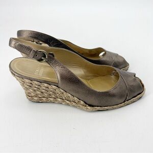 Stuart Weitzman Gunmetal Leather Slingback Espadrille Wedge Sandals Size 10